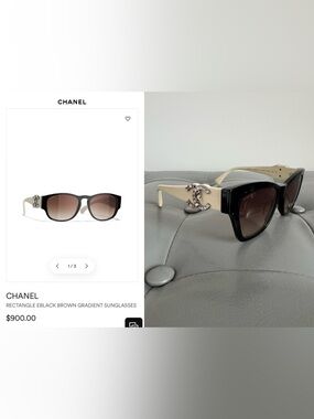Chanel Black Front Beige Temples Sunglasses with Crystal CC Emblem